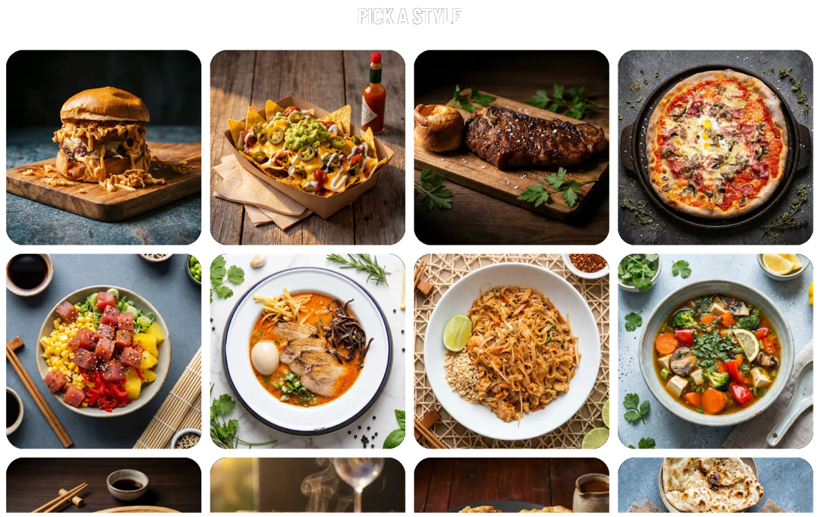 The FoodStage AI style picker showing a grid of dishes photographed in different curated styles