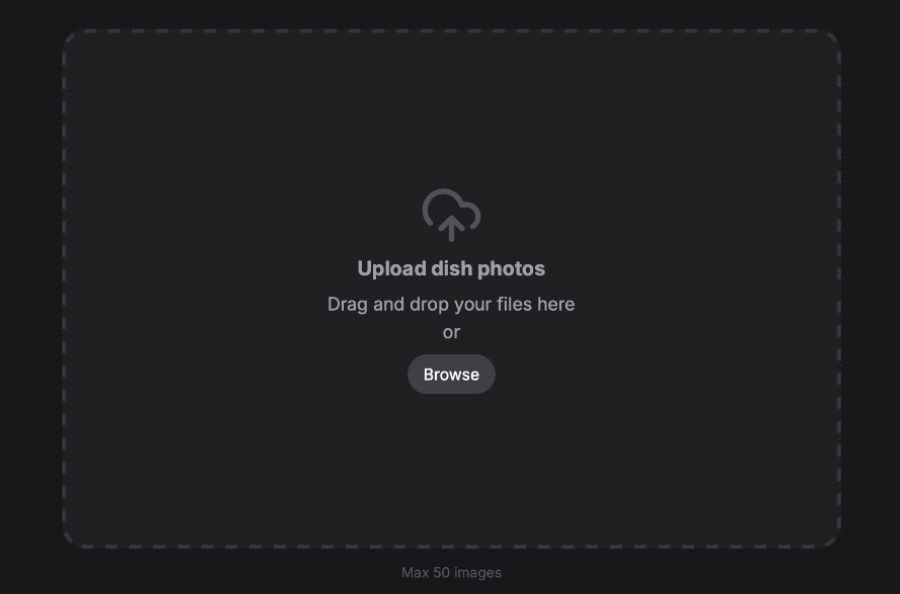 The FoodStage AI upload area, where dish photos are dropped or browsed from your device